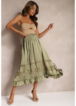 Zielona  Asymetryczna Spódnica Plisowana High Waist z Gumką w Talii i Koronkowymi Wstawkami Reslifa ze sklepu Renee odzież w kategorii Spódnice - zdjęcie 173638271
