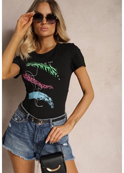 Czarny T-shirt z Bawełny z Krótkim Rękawem i Ozdobnym Printem Saronea ze sklepu Renee odzież w kategorii Bluzki damskie - zdjęcie 173638301