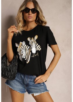Czarny T-shirt z Bawełny z Nadrukiem o Motywie Zwierzęcym Risabell ze sklepu Renee odzież w kategorii Bluzki damskie - zdjęcie 173638311