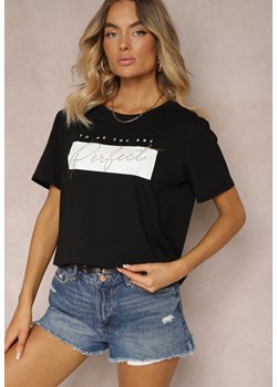 Czarny T-shirt z Bawełny Ozdobiony Cyrkoniowym Napisem Olfea ze sklepu Renee odzież w kategorii Bluzki damskie - zdjęcie 173638351
