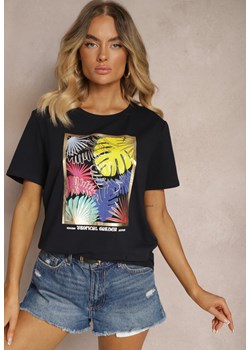 Czarny Casualowy T-shirt z Bawełny Ozdobiony Tropikalnym Motywem Adrinea ze sklepu Renee odzież w kategorii Bluzki damskie - zdjęcie 173638361