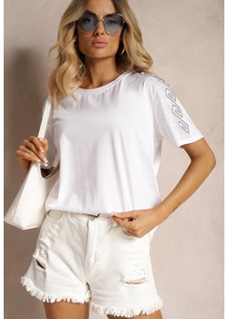 Biały Bawełniany T-shirt Wykończony Cyrkoniowym Zdobieniem przy Rękawach Lalflea ze sklepu Renee odzież w kategorii Bluzki damskie - zdjęcie 173638371