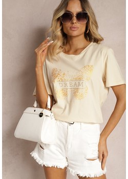 Beżowy Casualowy T-shirt z Bawełny z Motywem Motyla z Cyrkoniami Jalflea ze sklepu Renee odzież w kategorii Bluzki damskie - zdjęcie 173638381