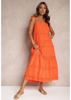 Pomarańczowa Sukienka na Ramiączkach z Bawełny z Ozdobnym Haftem i Kokardkami Rennea ze sklepu Renee odzież w kategorii Sukienki - zdjęcie 173641004