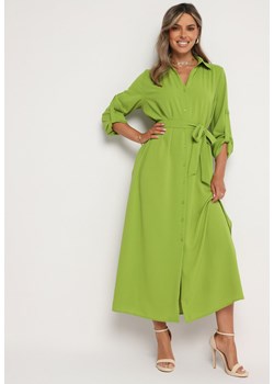 Zielona Rozpinana Sukienka Koszulowa z Regulowanymi Rękawami Grimoire ze sklepu Born2be Odzież w kategorii Sukienki - zdjęcie 173641132