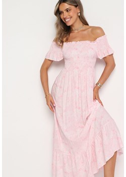 Jasnoróżowa Sukienka Hiszpanka z Bawełny Ozdobiona Falbanką Risalens ze sklepu Born2be Odzież w kategorii Sukienki - zdjęcie 173641463