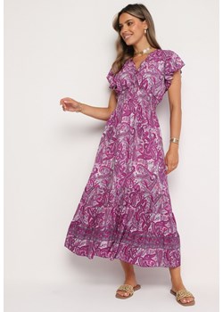 Fioletowa Rozkloszowana Kopertowa Sukienka z Bawełny o Wzorze Paisley z Gumką w Talii Zonne ze sklepu Born2be Odzież w kategorii Sukienki - zdjęcie 173641470