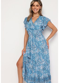 Niebieska Rozkloszowana Kopertowa Sukienka z Bawełny o Wzorze Paisley z Gumką w Talii Zonne ze sklepu Born2be Odzież w kategorii Sukienki - zdjęcie 173641484
