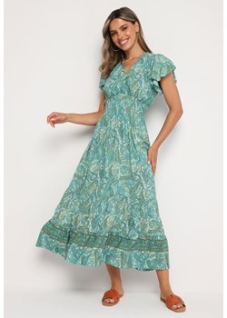 Zielona Rozkloszowana Kopertowa Sukienka z Bawełny o Wzorze Paisley z Gumką w Talii Zonne ze sklepu Born2be Odzież w kategorii Sukienki - zdjęcie 173641491