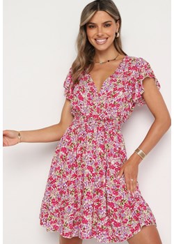 Beżowo-Różowa Bawełniana Sukienka z Gumką w Talii i Dekoltem w Serek o Kwiatowym Wzorze Doradea ze sklepu Born2be Odzież w kategorii Sukienki - zdjęcie 173641512