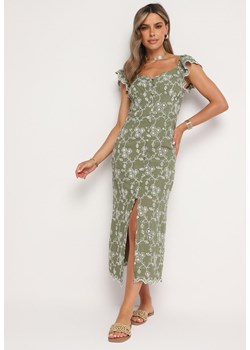 Zielona Haftowana Wiskozowa Sukienka o Kroju Hiszpanki na Guziki Bronea ze sklepu Born2be Odzież w kategorii Sukienki - zdjęcie 173641540