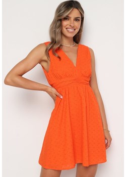 Pomarańczowa Haftowana Sukienka z Bawełny Wykończona Gumką w Pasie Harinea ze sklepu Born2be Odzież w kategorii Sukienki - zdjęcie 173642833