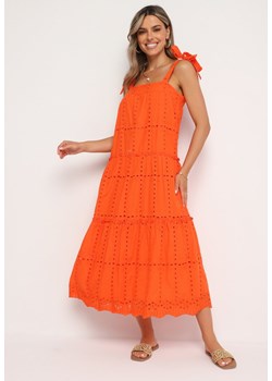 Pomarańczowa Bawełniana Sukienka z Ozdobnym Haftem na Ramiączkach z Kokardkami Quonea ze sklepu Born2be Odzież w kategorii Sukienki - zdjęcie 173642854