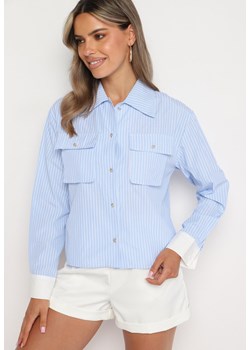 Niebieska Klasyczna Koszula w Paski na Guziki z Ozdobnymi Kieszeniami Vironea ze sklepu Born2be Odzież w kategorii Koszule damskie - zdjęcie 173642861