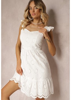 Biała Rozkloszowana Sukienka z Bawełny na Ramiączkach z Ażurowym Zdobieniem i Falbaną Nellmae ze sklepu Renee odzież w kategorii Sukienki - zdjęcie 173643973