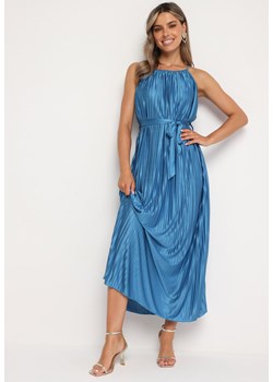 Niebieska Plisowana Sukienka na Cienkich Ramiączkach Wiązana w Talii Virsea ze sklepu Born2be Odzież w kategorii Sukienki - zdjęcie 173657754