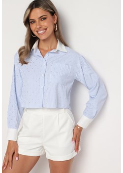 Niebieska Krótka Koszula z Długim Rękawem Ozdobiona Cyrkoniami Mevima ze sklepu Born2be Odzież w kategorii Koszule damskie - zdjęcie 173657880