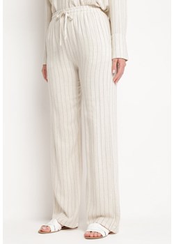 Jasnobeżowe Szerokie Spodnie z Wiskozą i Lnem z Gumką w Pasie Quirilla ze sklepu Born2be Odzież w kategorii Spodnie damskie - zdjęcie 173660114