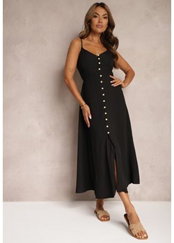 Czarna Taliowana Sukienka na Guziki na Ramiączkach z Regulacją Quafea ze sklepu Renee odzież w kategorii Sukienki - zdjęcie 173661850