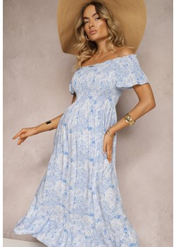 Niebieska Bawełniana Sukienka o Fasonie Hiszpanki z Lekką Falbaną Risalins ze sklepu Renee odzież w kategorii Sukienki - zdjęcie 173664902