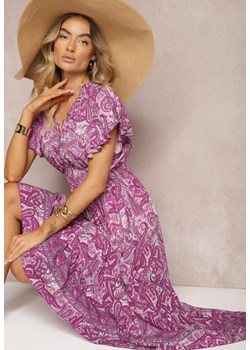 Fioletowa Bawełniana Sukienka Paisley z Kopertowym Dekoltem z Falbaną i Gumką w Talii Brionea ze sklepu Renee odzież w kategorii Sukienki - zdjęcie 173664912