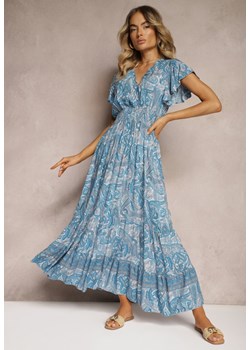Niebieska Bawełniana Sukienka Paisley z Kopertowym Dekoltem z Falbaną i Gumką w Talii Brionea ze sklepu Renee odzież w kategorii Sukienki - zdjęcie 173664922