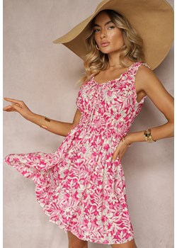 Różowa Sukienka w Kwiaty na Ramiączkach z Bawełny z Gumką w Talii Bezorea ze sklepu Renee odzież w kategorii Sukienki - zdjęcie 173665002