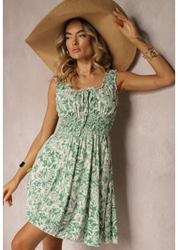 Zielona Sukienka w Kwiaty na Ramiączkach z Bawełny z Gumką w Talii Bezorea ze sklepu Renee odzież w kategorii Sukienki - zdjęcie 173665012