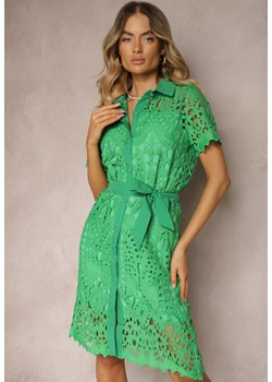 Zielona Ażurowa Sukienka Koszulowa Wiązana w Pasie Lonnija ze sklepu Renee odzież w kategorii Sukienki - zdjęcie 173678202