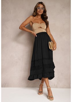 Czarna Asymetryczna Spódnica Plisowana High Waist z Gumką w Talii i Koronkowymi Wstawkami Reslifa ze sklepu Renee odzież w kategorii Spódnice - zdjęcie 173678352