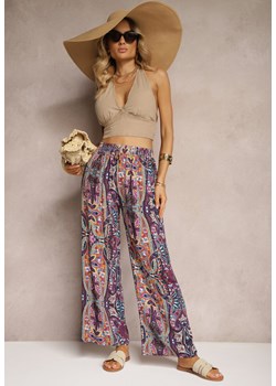 Fioletowe Kwiatowe Spodnie z Wiskozy High Waist z Szerokimi Nogawkami i Gumką w Pasie Kezorea ze sklepu Renee odzież w kategorii Spodnie damskie - zdjęcie 173678502