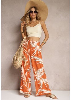 Pomarańczowe Szerokie Spodnie z Wiskozy High Waist o Kroju Kulotów z Motywem Liści Vimanelle ze sklepu Renee odzież w kategorii Spodnie damskie - zdjęcie 173678572