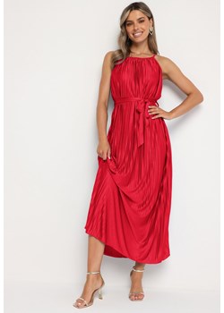 Czerwona Plisowana Sukienka na Cienkich Ramiączkach Wiązana w Talii Virsea ze sklepu Born2be Odzież w kategorii Sukienki - zdjęcie 173683254