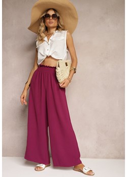 Bordowe Spodnie High Waist z Szerokimi Nogawkami i Gumką w Pasie Risabessa ze sklepu Renee odzież w kategorii Spodnie damskie - zdjęcie 173683612