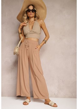Beżowe Bawełniane Spodnie Kuloty High Waist z Gumką w Pasie Vimarielle ze sklepu Renee odzież w kategorii Spodnie damskie - zdjęcie 173683622