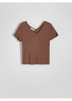 Reserved - T- shirt z lnem i wiskozą - brązowy ze sklepu Reserved w kategorii Bluzki damskie - zdjęcie 173693184