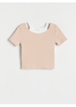 Reserved - Prążkowany t-shirt - beżowy ze sklepu Reserved w kategorii Bluzki dziewczęce - zdjęcie 173695713
