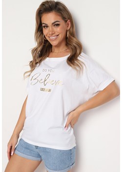 Biały Bawełniany T-shirt z Metalicznym Napisem Fronea ze sklepu Born2be Odzież w kategorii Bluzki damskie - zdjęcie 173699683