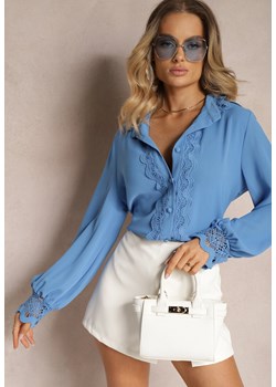 Niebieska Koszula z Ażurową Stójką i Bufiastym Rękawem Nito ze sklepu Renee odzież w kategorii Koszule damskie - zdjęcie 173701301
