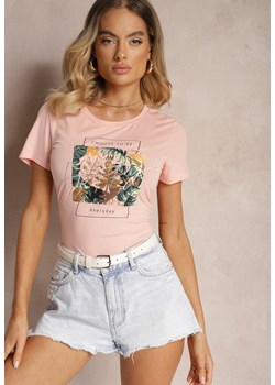 Jasnoróżowy T-shirt z Bawełny Wykończony Nadrukiem Nellindrae ze sklepu Renee odzież w kategorii Bluzki damskie - zdjęcie 173701383