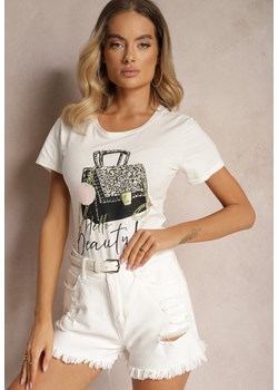 Biały T-shirt z Bawełny z Krótkim Rękawem Ozdobiony Nadrukiem z Cyrkoniami Laronea ze sklepu Renee odzież w kategorii Bluzki damskie - zdjęcie 173701403