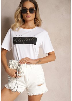 Biały T-shirt z Bawełny Ozdobiony Cyrkoniowym Napisem Olfea ze sklepu Renee odzież w kategorii Bluzki damskie - zdjęcie 173701443
