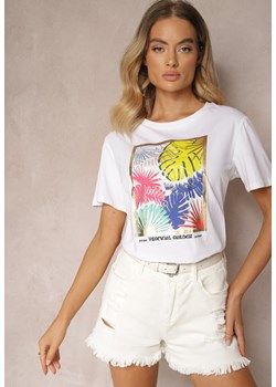 Biały Casualowy T-shirt z Bawełny Ozdobiony Tropikalnym Motywem Adrinea ze sklepu Renee odzież w kategorii Bluzki damskie - zdjęcie 173701453
