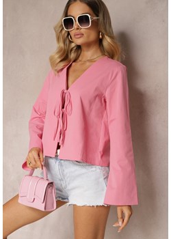 Różowa Bluzka z Bawełny Narzutka z Wiązaniami i Rękawami Typu Nietoperz Delorea ze sklepu Renee odzież w kategorii Bluzki damskie - zdjęcie 173701473