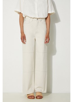 Samsoe Samsoe spodnie Sashelly damskie kolor beżowy proste high waist F24200010 ze sklepu PRM w kategorii Spodnie damskie - zdjęcie 173710402