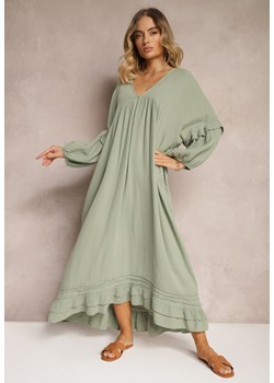 Ciemnozielona Muślinowa Trapezowa Sukienka z Bawełny Wykończona Falbaną i Ozdobnymi Rękawami Tanisea ze sklepu Renee odzież w kategorii Sukienki - zdjęcie 173716454
