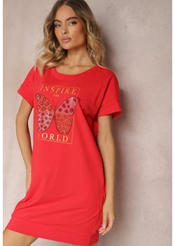 Czerwona Pudełkowa Sukienka w Stylu T-shirtu Zdobiona Nadrukiem z Cyrkoniami Leliflea ze sklepu Renee odzież w kategorii Sukienki - zdjęcie 173726840