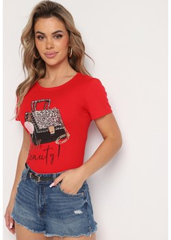 Czerwony Bawełniany T-shirt z Błyszczącym Nadrukiem Karonea ze sklepu Born2be Odzież w kategorii Bluzki damskie - zdjęcie 173731484