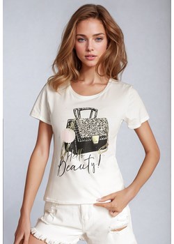 Biały Bawełniany T-shirt z Błyszczącym Nadrukiem Karonea ze sklepu Born2be Odzież w kategorii Bluzki damskie - zdjęcie 173731491