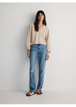 Reserved - Krótka bawełniana bluza - beżowy ze sklepu Reserved w kategorii Bluzy damskie - zdjęcie 173767384